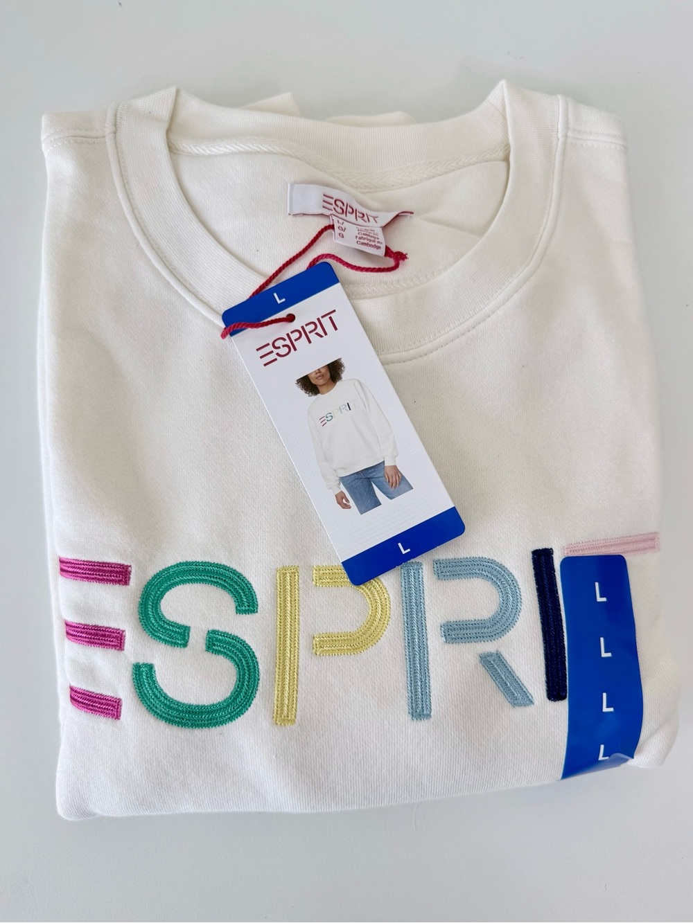 NWT Esprit Cream Logo Fleece Crewneck Sweatshirt Embroidered 80s Retro Viral L